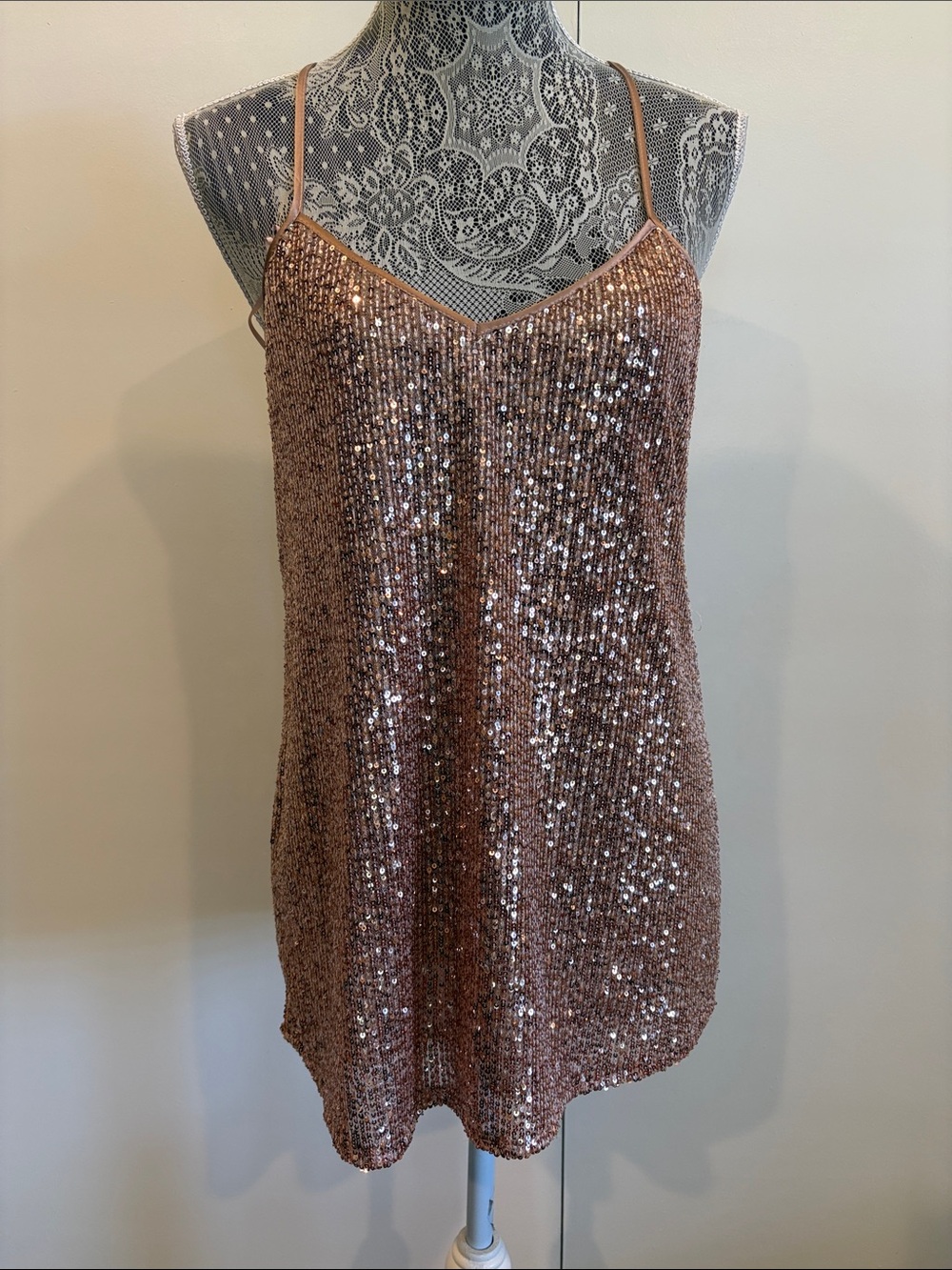 Jade Johnny Was Adnaro Rose Gold Sequin Mini Dress XS Party Cocktail Vegas